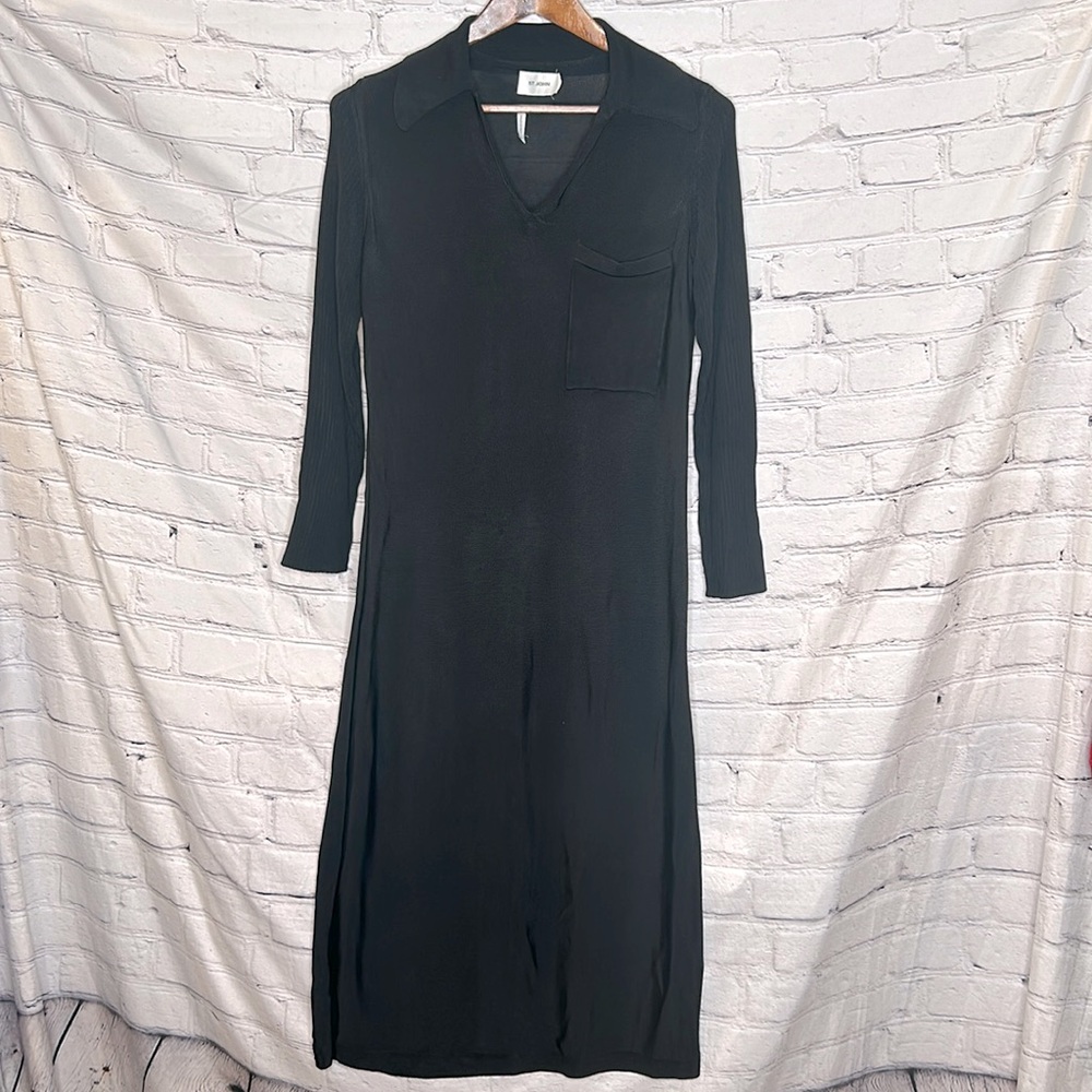 St. John Long Sleeve Collared Black Dress Size Medium Excellent Condition
